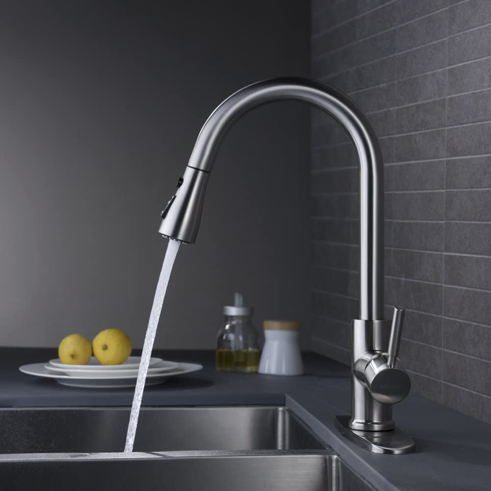 PHANCIR Kitchen Faucet with Pull Down Sprayer， High Arc Single Handle Kitchen Sink Faucets with Pause Button Premium Brushed Nickel with Deck Plate Suit to 1 or 3 Holes