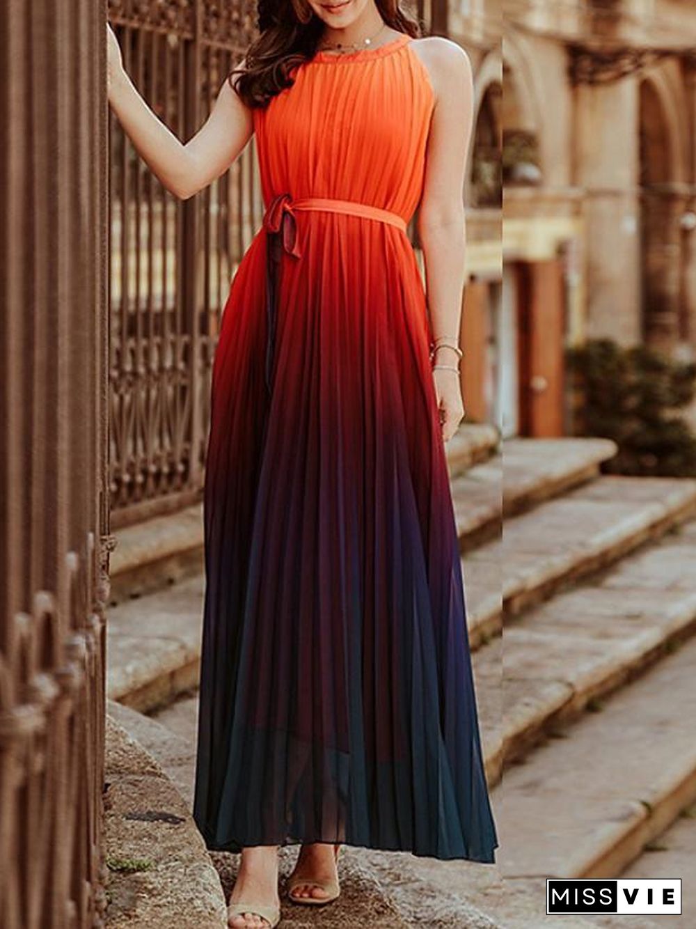 Women's Chiffon Dress Maxi long Dress Sleeveless Color Gradient Summer Work Rainbow S M L XL