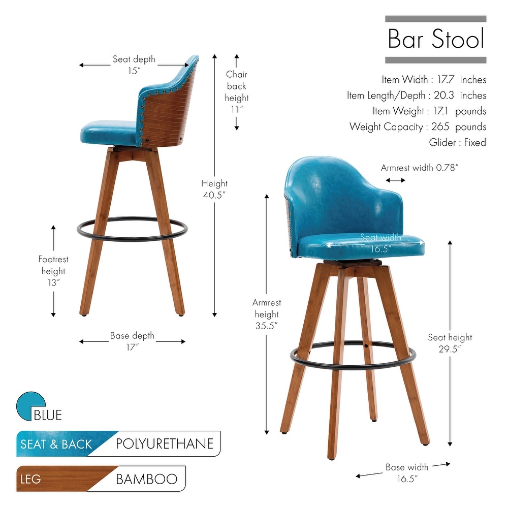 Porthos Home Idan Swivel Bar Stool  PU Leather Upholstery  Bamboo Legs