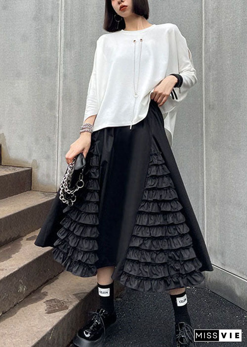 Women Black Ruffled Patchwork A Line Fall Skirts