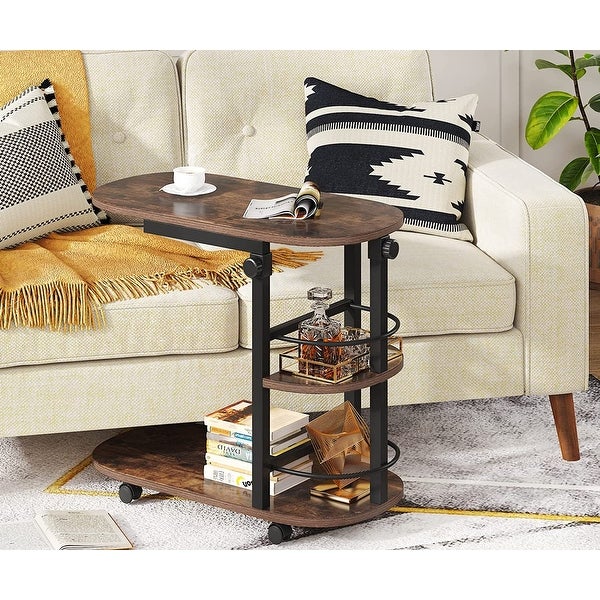 Side Table Height Adjustable C Table with Wheels， Overbed Bedside Table with Storage Shelves for Living Room Bedroom