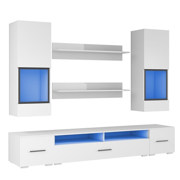 8-Piece High Gloss Extended Floating TV Stand Set RGB LED Wall Mounted Display Units Entertainment Center