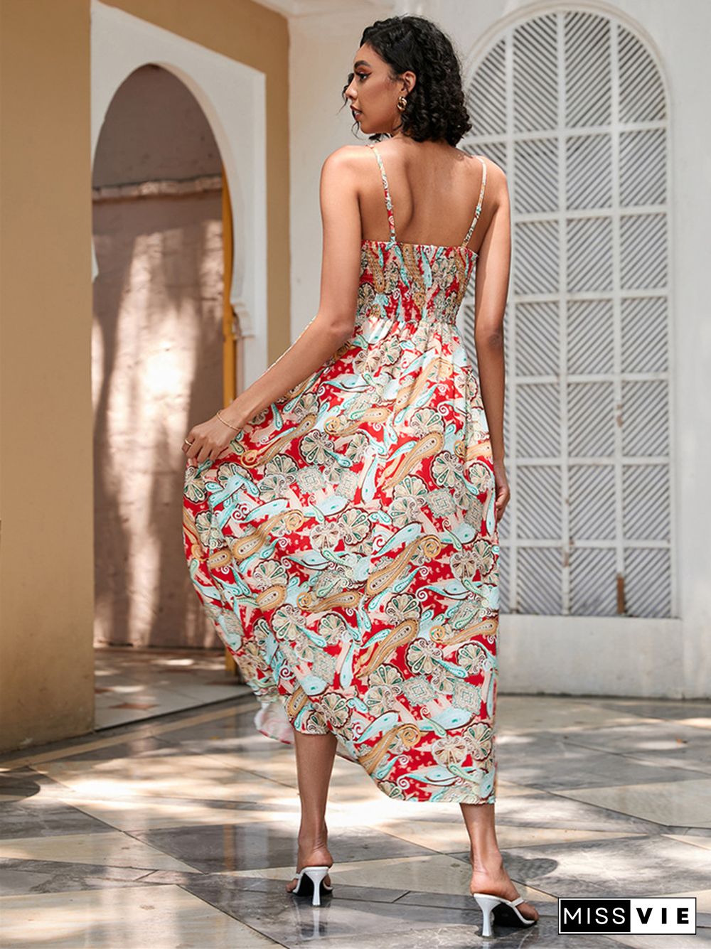 Summer Printed Waist-length Suspender Dress