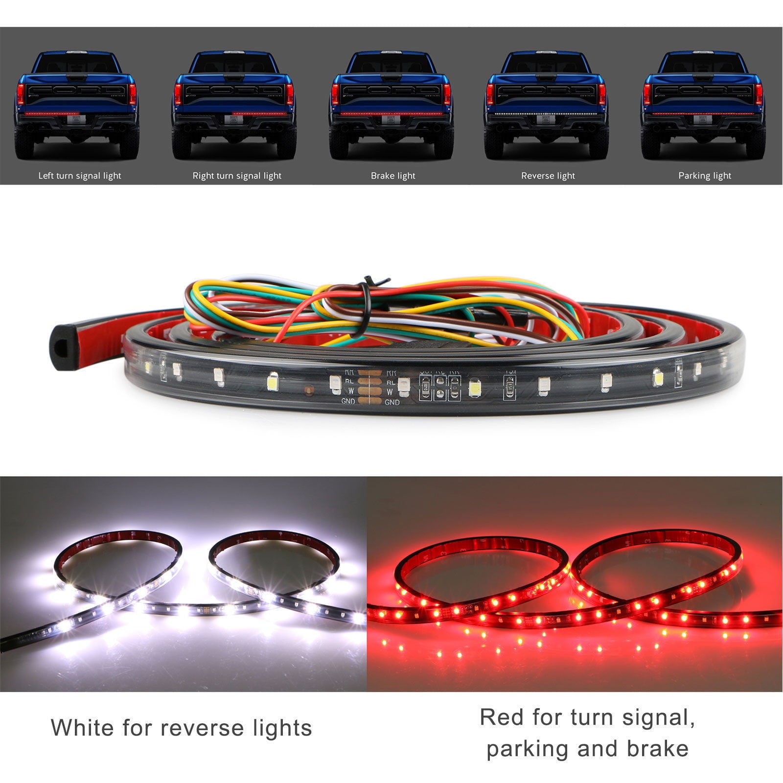 60 Inch LED Truck Tailgate Light Bar Strip， EEEkit Weatherproof Red White Reverse Brake Light with 90 LED， Multi-Function Turn Signal Running for Truck， SUV， RV， Trailer