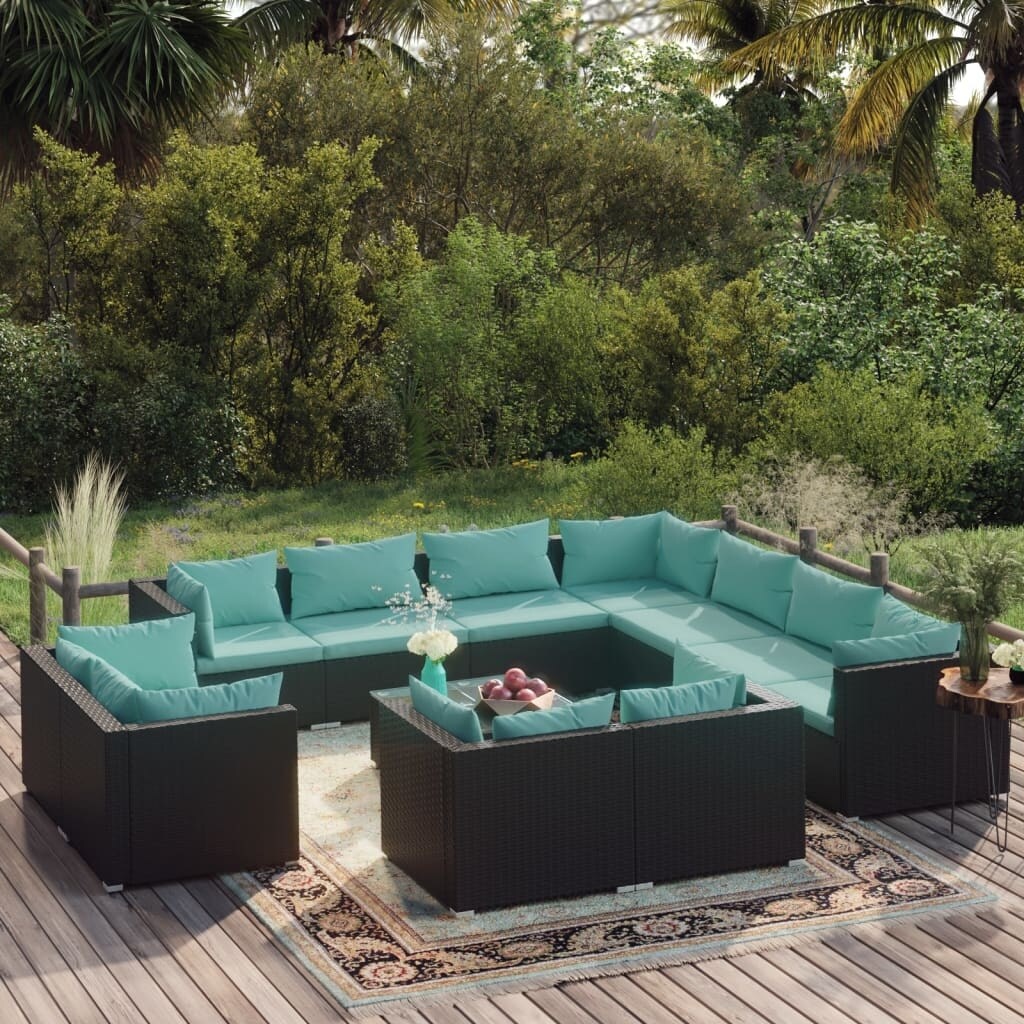 12 Piece Patio Lounge Set with Cushions Black Poly Rattan