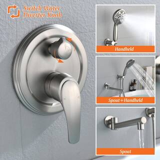 Aurora Decor Ami Single-Handle Wall Mount Roman Tub Faucet with 180 Swivel spout and 7-function handheld shower in Brushed Nickel SMDHD2A88031BN