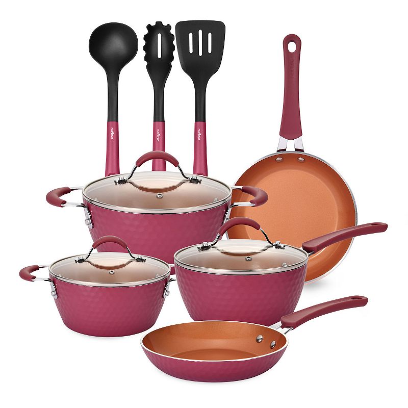 NutriChef 11 Piece Nonstick Elegant Diamond Pattern Kitchen Cookware Set， Pink