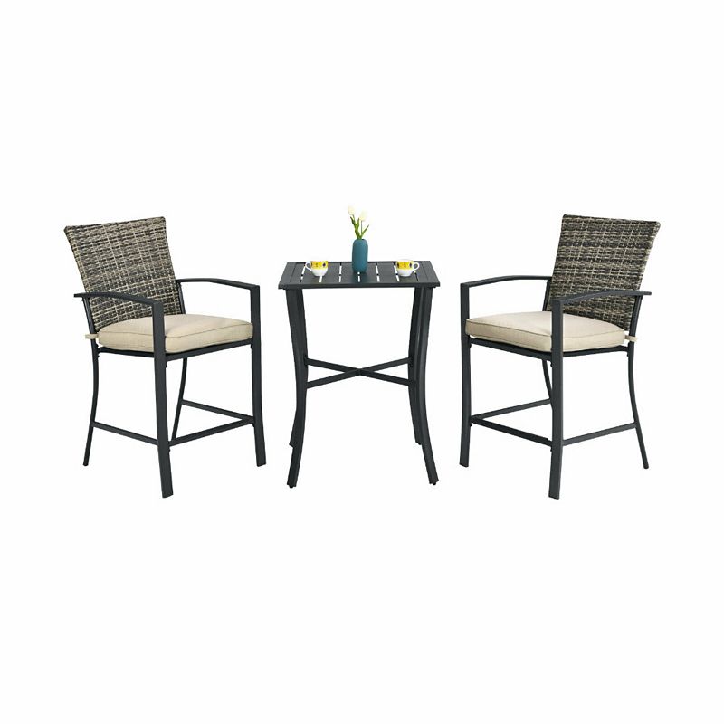 3 Pieces Patio Rattan Bar Furniture Set with Slat Table and 2 Cushioned Stools-Grey