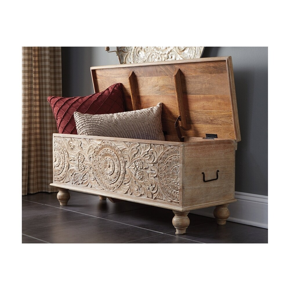 Fossil Ridge Antique White Carved Medallion Storage Bench