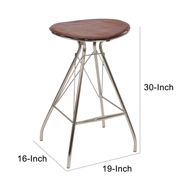 30 Inch Metal Frame Bar Stool， Round Genuine Leather Seat， Dark Brown， Silver