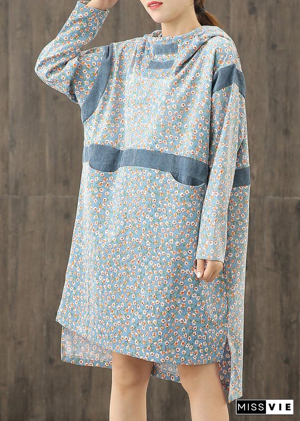 Simple blue print hooded patchwork shift Dresses