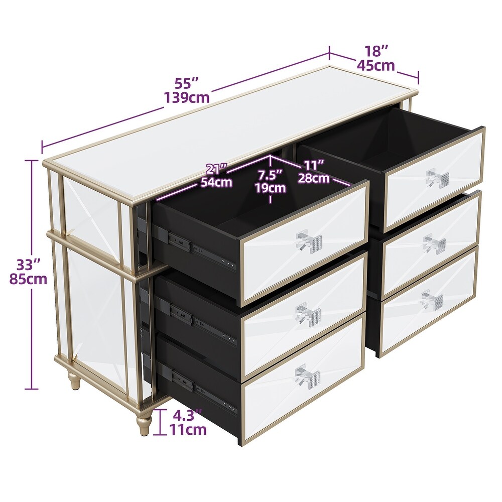 Modern 6 Drawer Mirrored Storage Chest Dresser Sideboard Cabinet