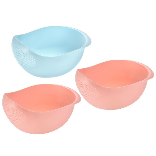 3pcs Kitchen Rice Drain Bowl Fruit Washing Basket with Handle-Blue+Pink - Blue+Pink