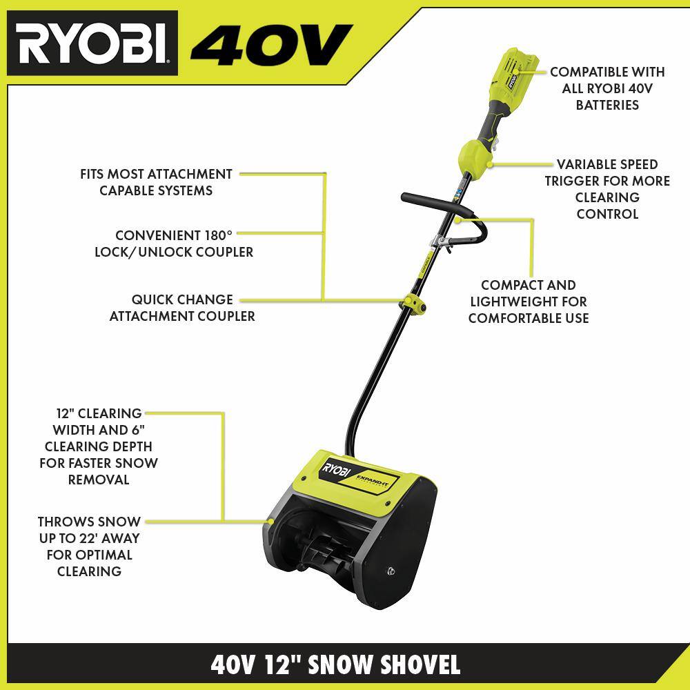 RYOBI 40V 12 in. Cordless Electric Snow Shovel with 4.0 Ah Battery and Charger RY408110