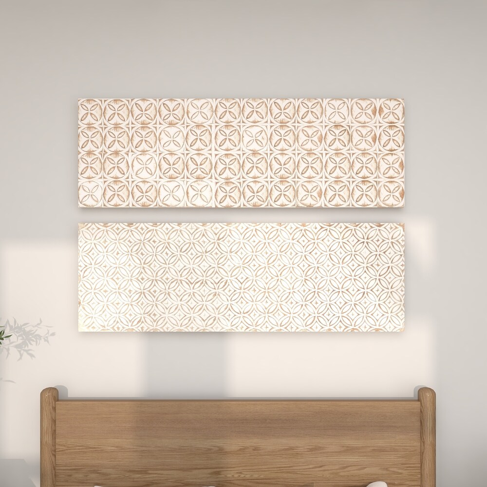 White Wooden Intricately Carved Geometric Wall Decor (Set of 2)