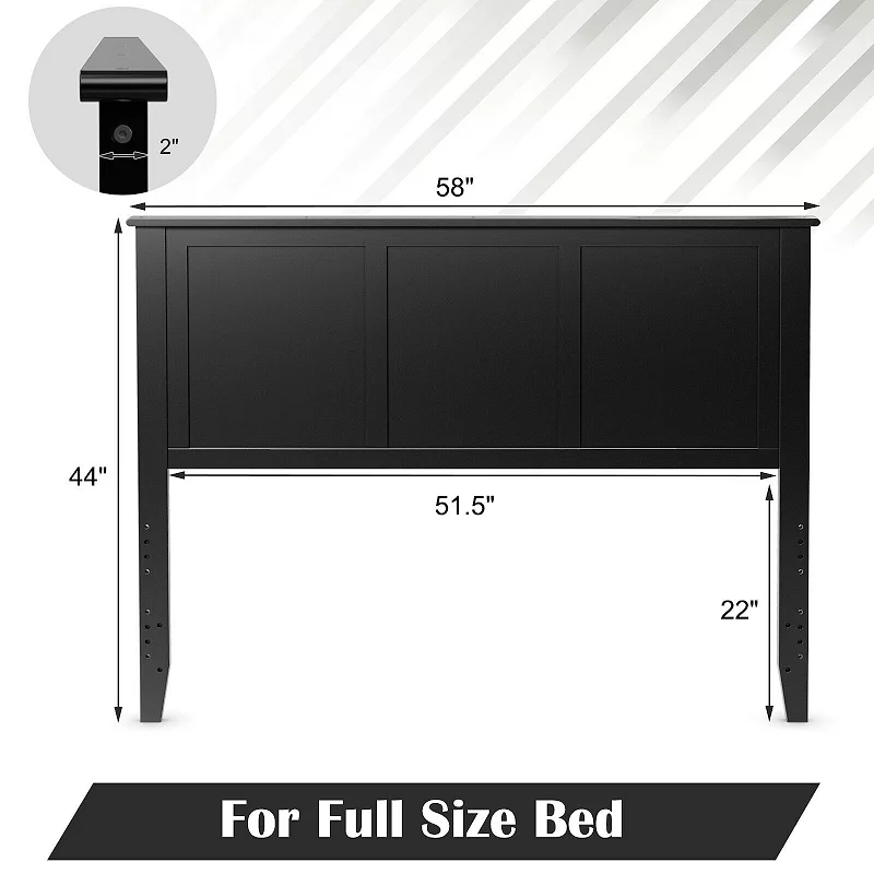 Full Wood Headboard Flat Panel with Pre-drilled Holes and Height Adjustment-Black