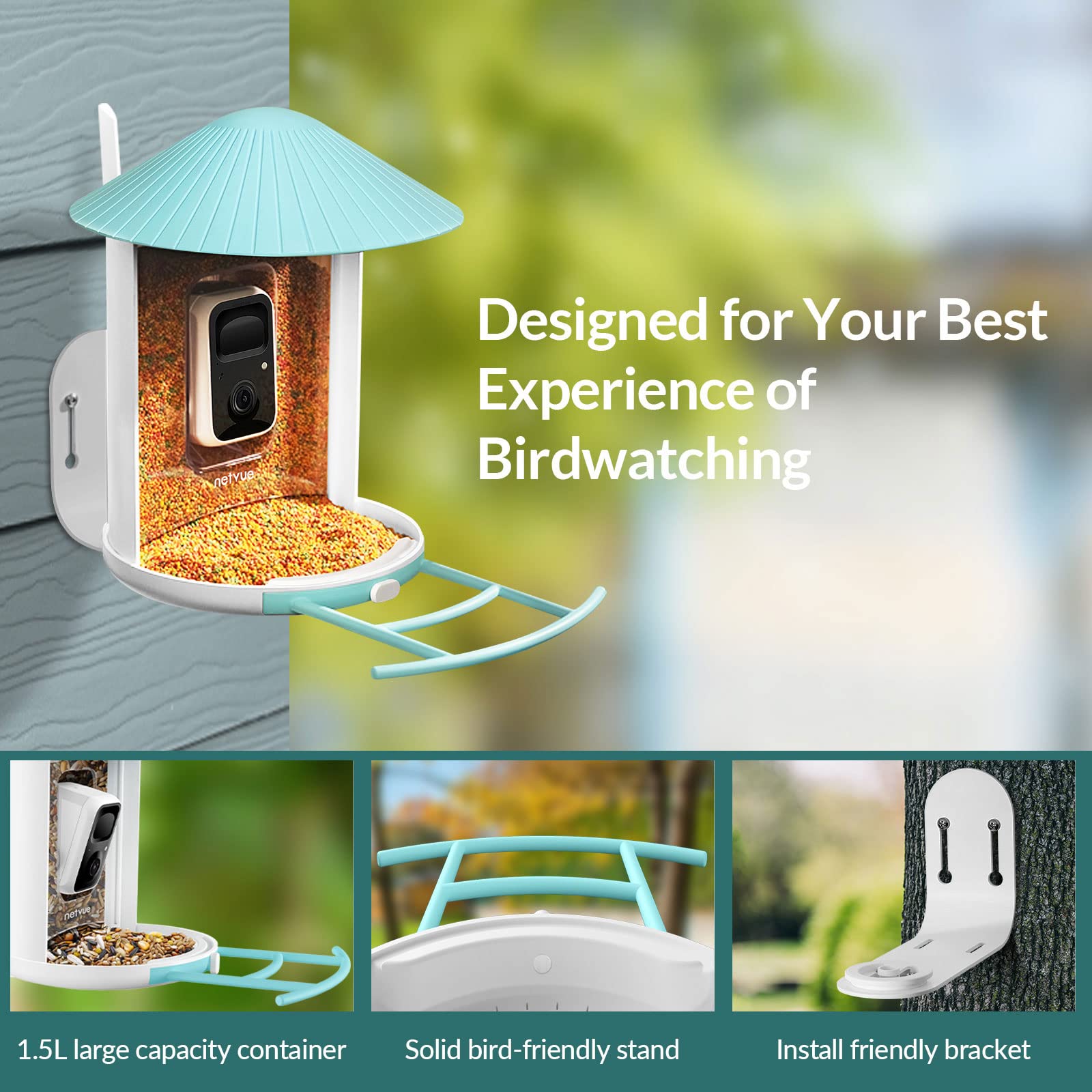 Bird Feeders with Camera， Netvue Birdfy Lite Pro Bird Feeder with Wider Perch DIY Add-ons Hummingbird Feeder Suet Ball Jelly Feeder for All Birds， Ideal Bird Watching Gift for Mother's Day