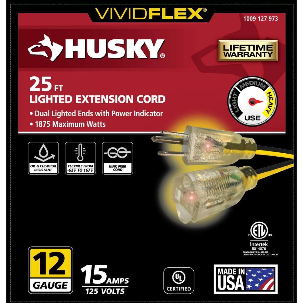 Husky VividFlex 25 ft. 123 Heavy Duty IndoorOutdoor Extension Cord with Lighted End Yellow 24025HY