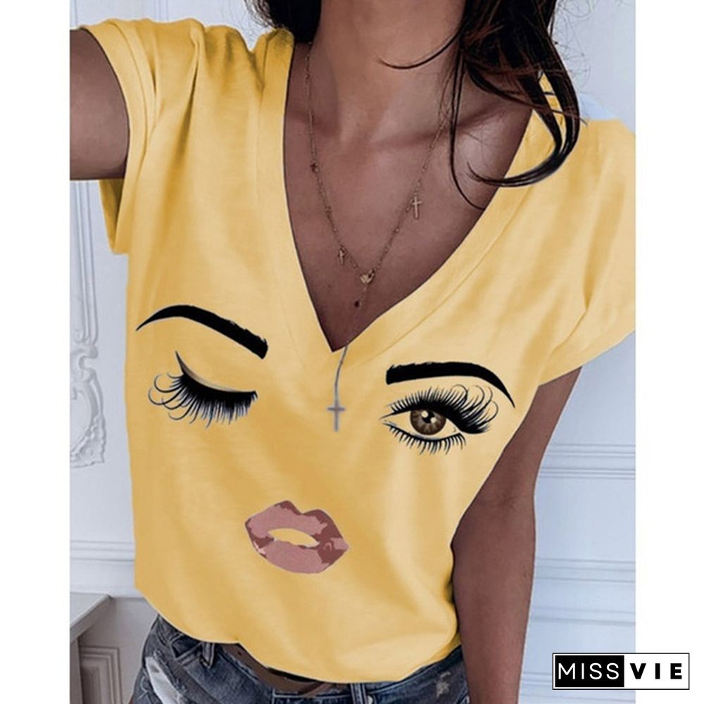 Fashion Women Causal Summer Short Sleeve Eye Lip Printed Graphic Tee Shirt V Neck Plus Size T-shirts Cute Funny Tops Pullover Blouse