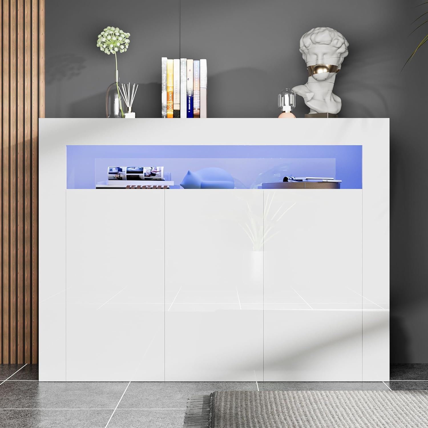 High Glossy Buffet Cabinet Sideboard Storage Cabinet Bar Cabinet with LED Lights Adjustable Shelf and 3 Doors