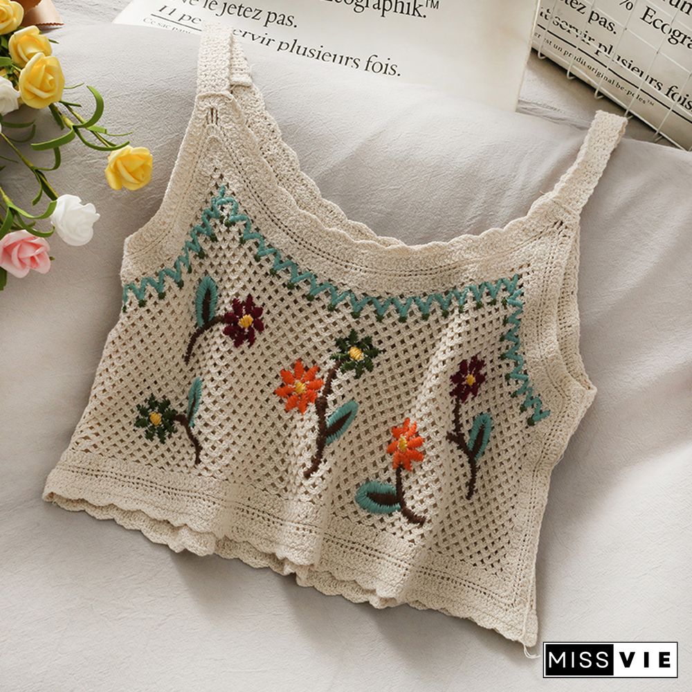 Woman Tanke Vintage Embroidery Crop Tops Camis For Women Floral Print Sleeveless Camisole Fashion Hot Top Mujer Verano