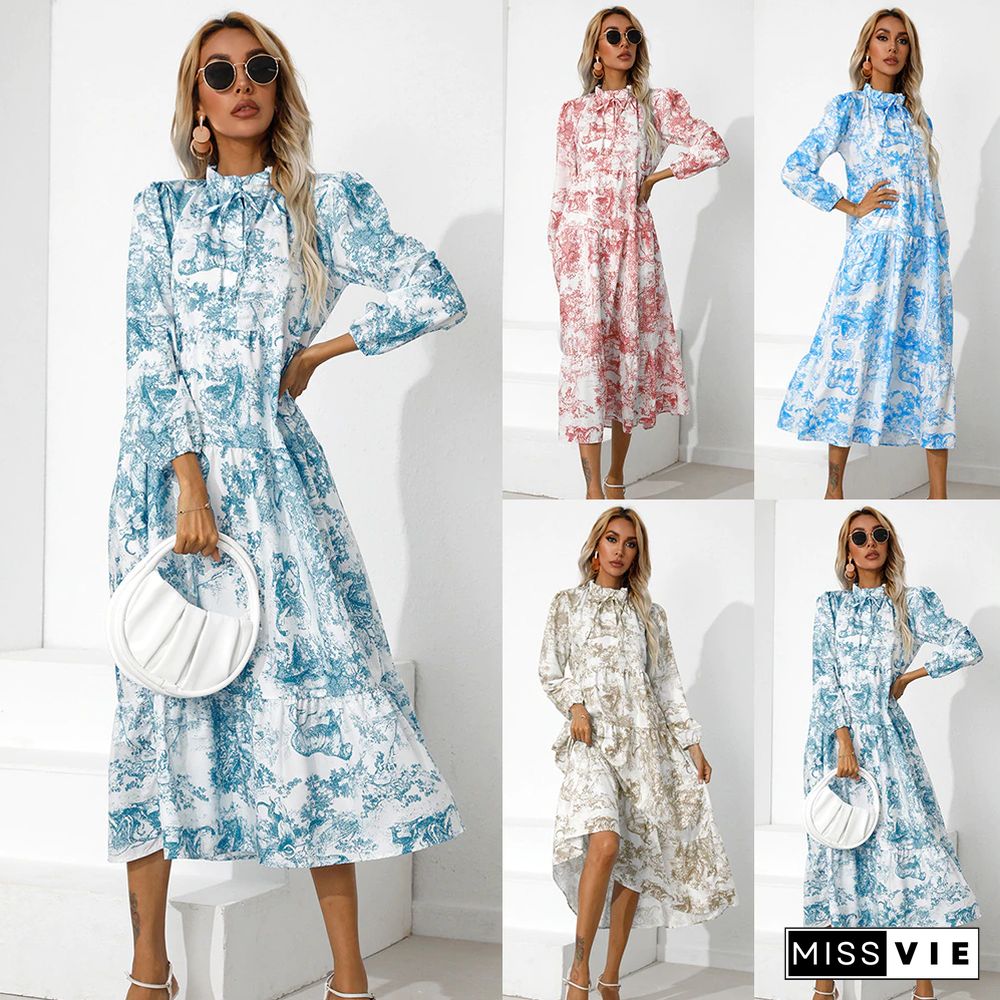 Summer Crewneck Printed Loose Cropped Sleeve Dresswomen Casual Vacation Beach Dress Vestido Feminino