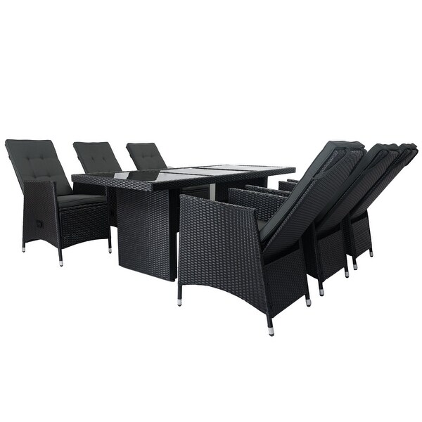 Black 7Piece Outdoor Patio Wicker Dining Set With Adjustable Backrest and Cushion