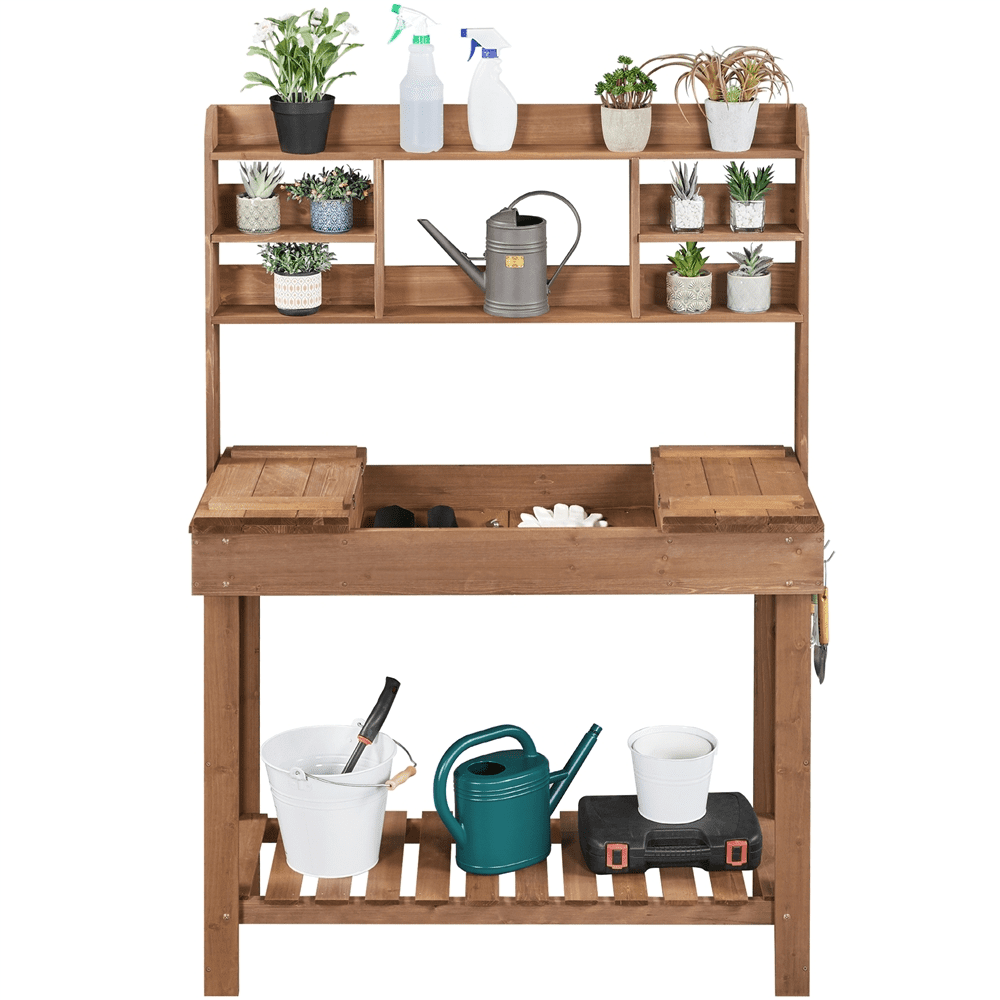 Yaheetech Potting Bench Table with Display Rack/ Storage Shelf/ Hanger, Brown