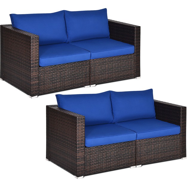 Costway 4pcs Patio Rattan Corner Sofa Sectional Furniture Set Navy Cushion