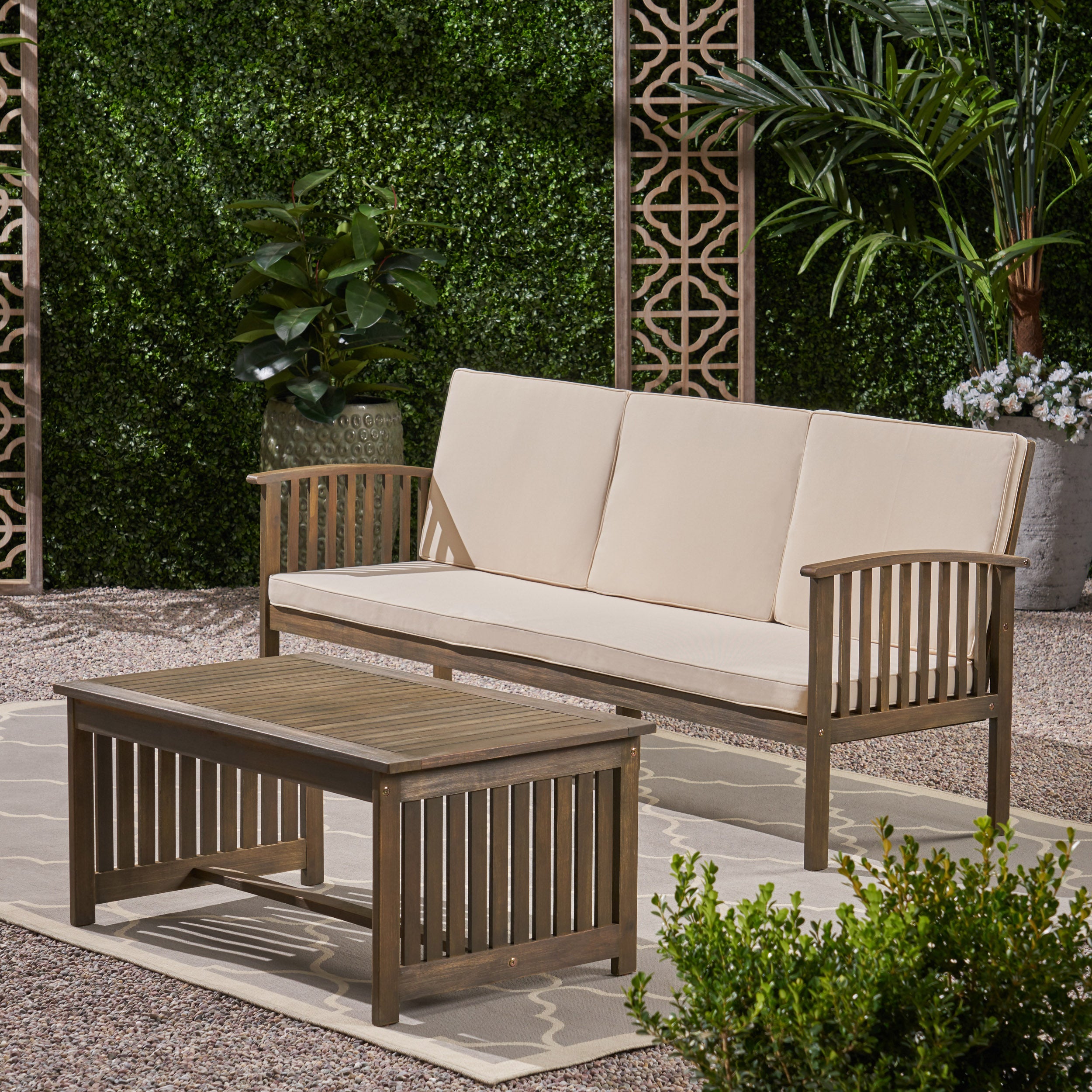 Giles Edward Outdoor Acacia Wood Sofa and Coffee Table Set