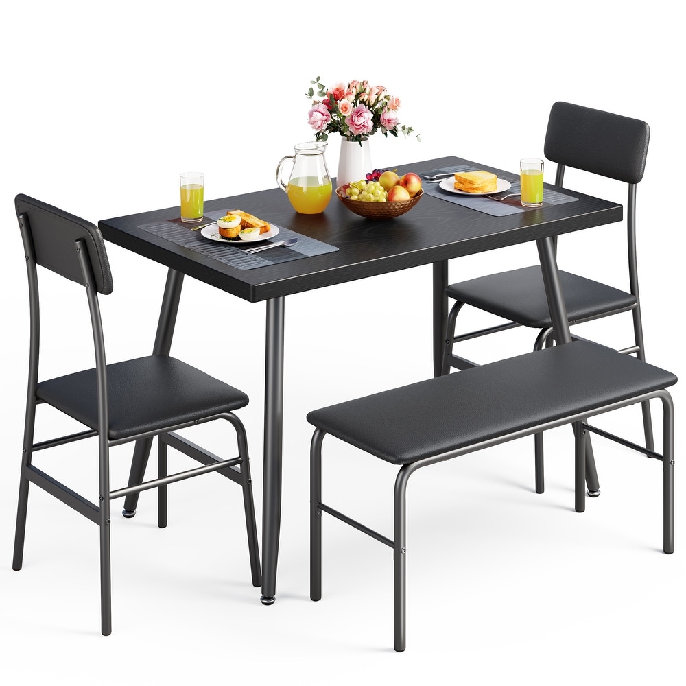 4 Piece Kitchen Dining Table with 2 Upholstered Chairs and Bench for 4