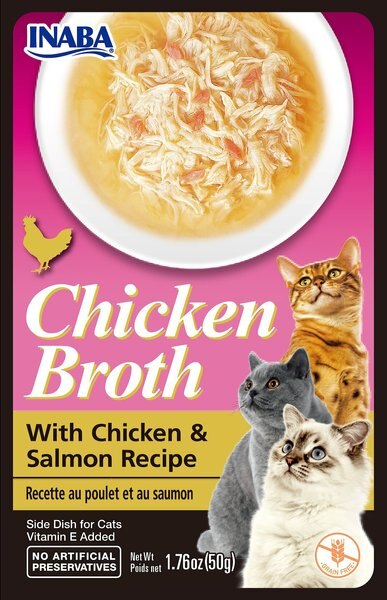 Inaba Chicken Broth  Chicken and Salmon Recipe Grain-Free Cat Food Topper， 1.76-oz pouch