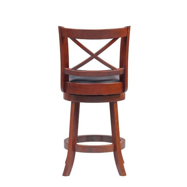 Gia 24 Inch Swivel Counter Stool， Solid Wood， Faux Leather， Cherry Brown - 19.5 L x 18 W x 37.5 H