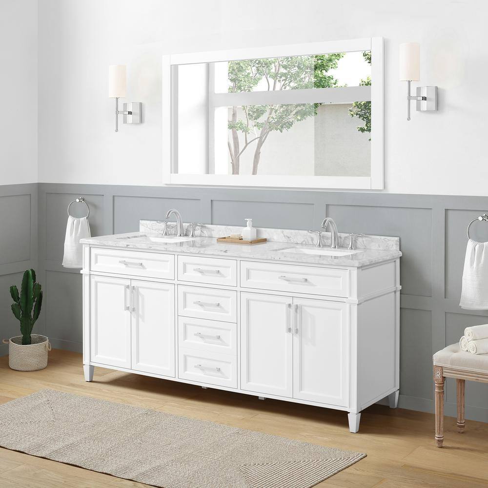 Home Decorators Collection Caville 72 in. W x 22 in. D x 34.50 in. H Bath Vanity in White with Carrara Marble Top Caville 72W