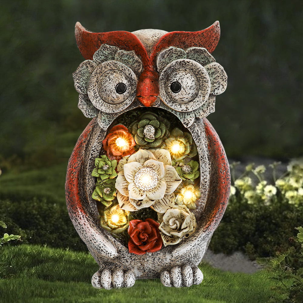 Garden Statue Owl Figurine - Resin Statue with Solar LED Lights for Patio Yard Art Decor, Lawn Ornaments, Indoor Outdoor Decorations