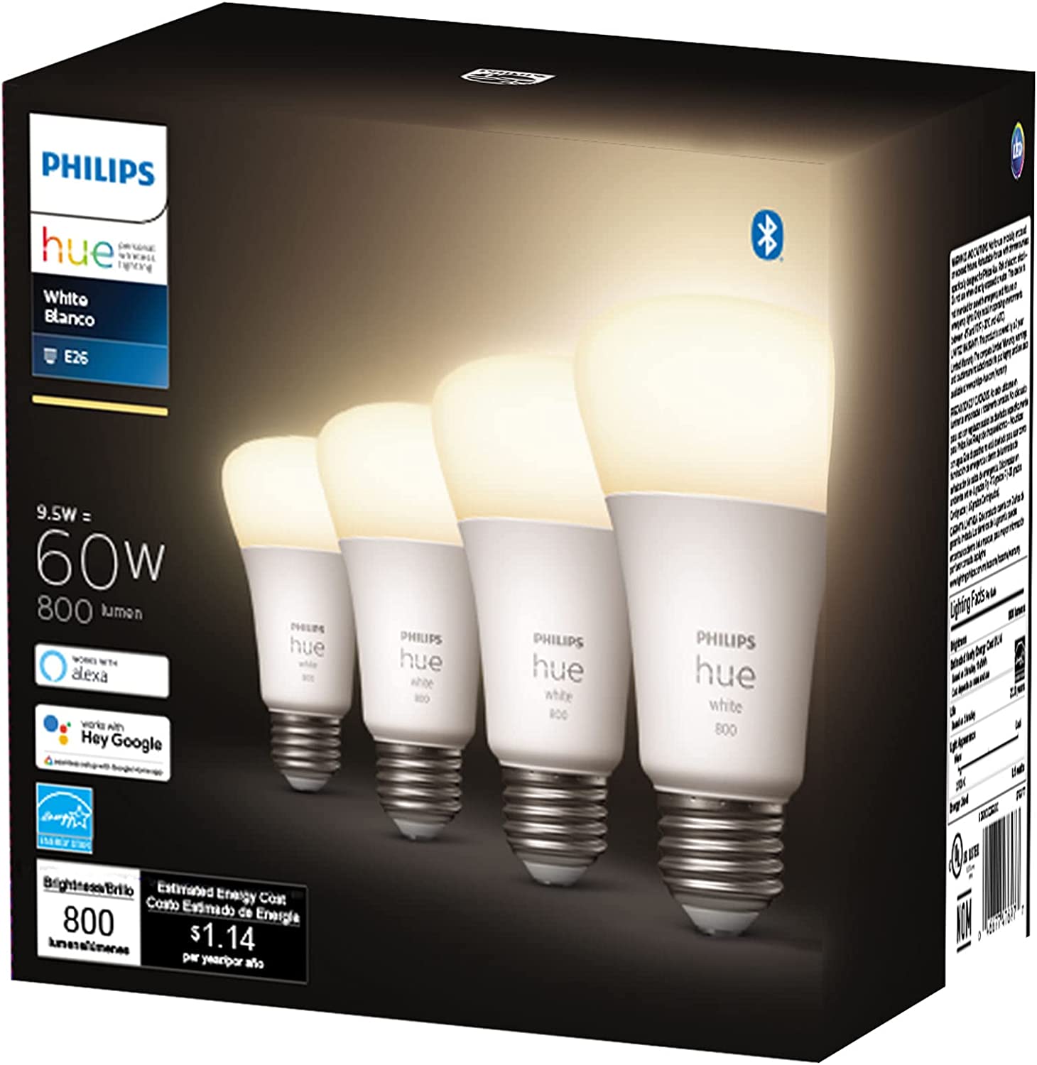 Philips Hue 476977 A19 Smart Light Bulb， 4 Pack， White， 4 Count