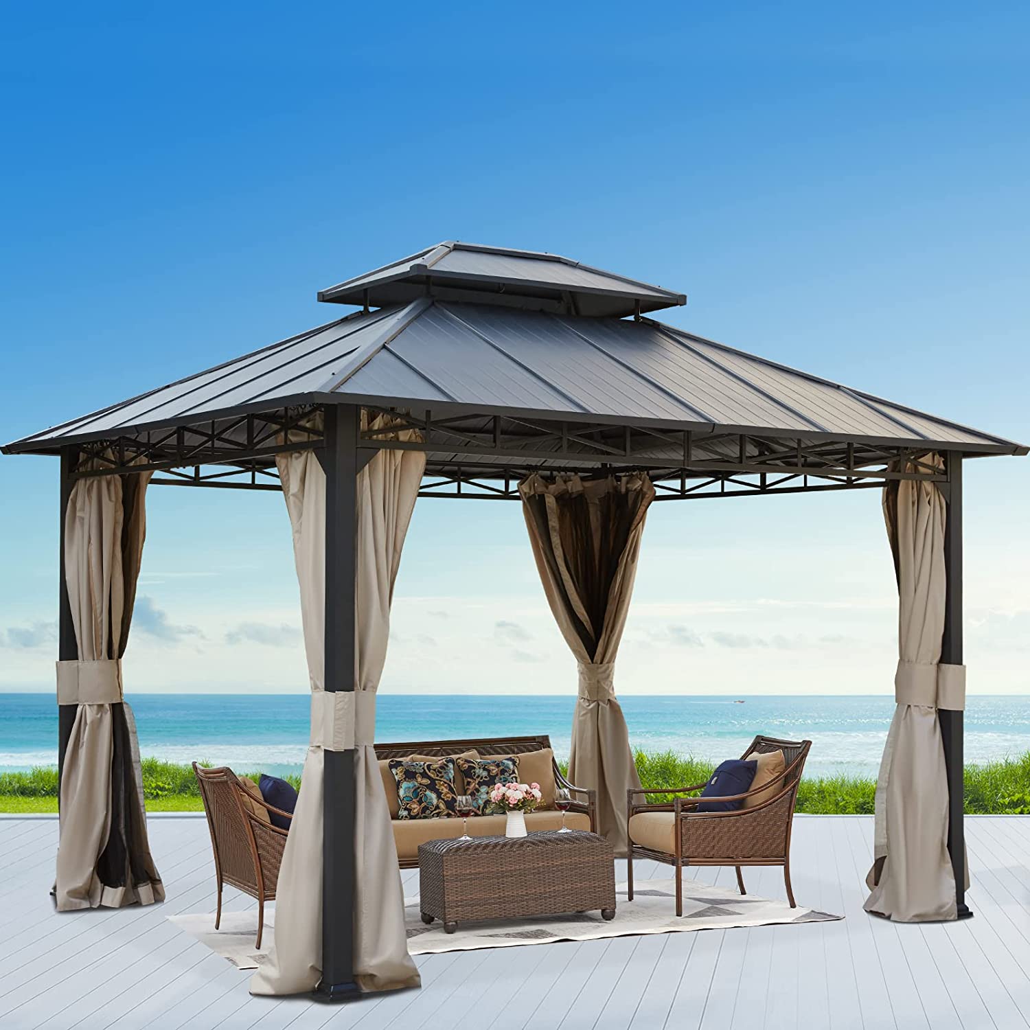 Yoleny 10' X 12' Double Roof Hardtop Gazebo, Outdoor Metal Gazebo with Netting and Curtains for Patios, Garden, Deck