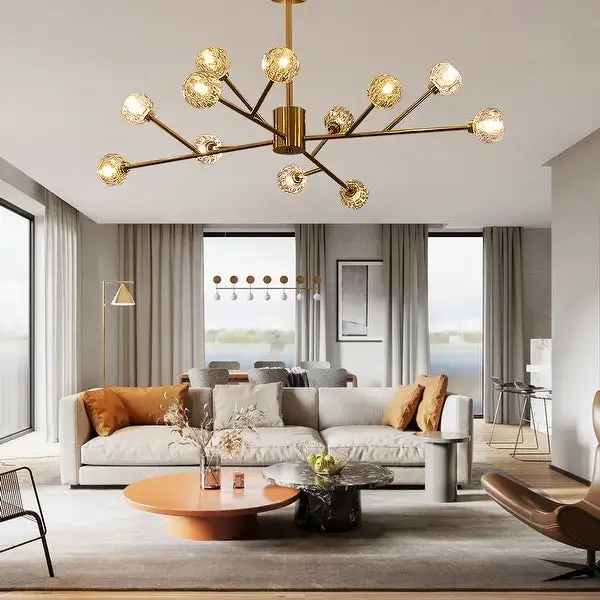 Retro Brass Sputnik Crystal Ball Shade Branches Chandeliers Hanging Pendant Ceiling Light Polished Gold