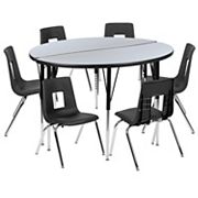 Emma and Oliver 47.5 Circle Wave Activity Table Set with 16 Student Stack Chairs， Oak/Black