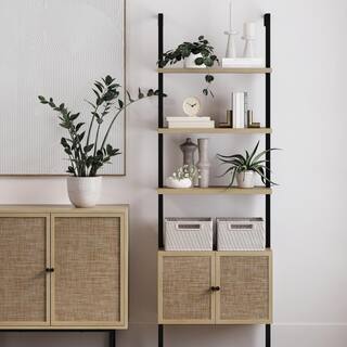 Nathan James Theo Open Shelf 73 in. High Light Oak Wood 3-Shelf Ladder Bookcase with Rattan Cabinet Doors and Matte Black Frame 66501