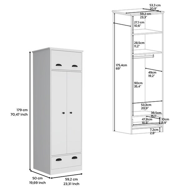 Tifton Armoire with Hinged Drawer， Handles， 2-Door Cabinet， Shelf， and Hanging Rod - - 37784251