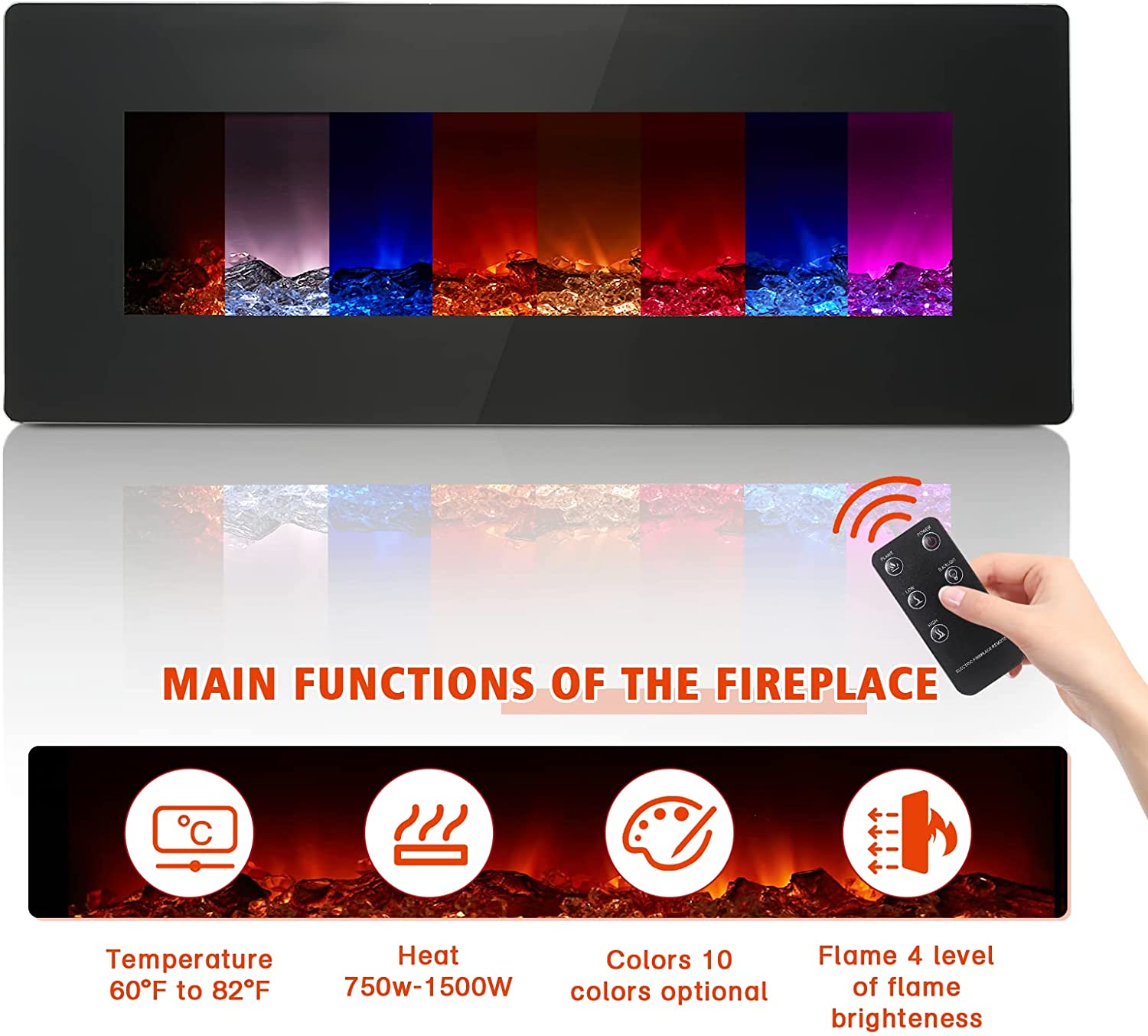 YODOLLA 50'' Wall Mounted Electric Fireplace with 10 Color Flames, Remote Control and Crystal