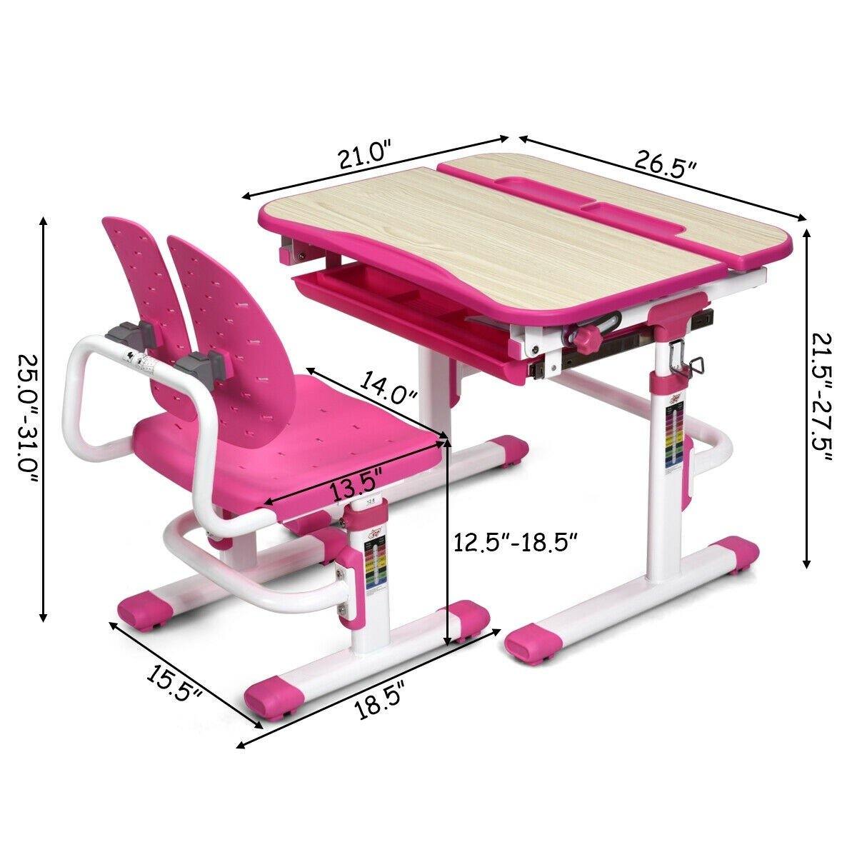 Kids Desk and Chair Set, Height Adjustable, Children Study Table with Tilted Desktop