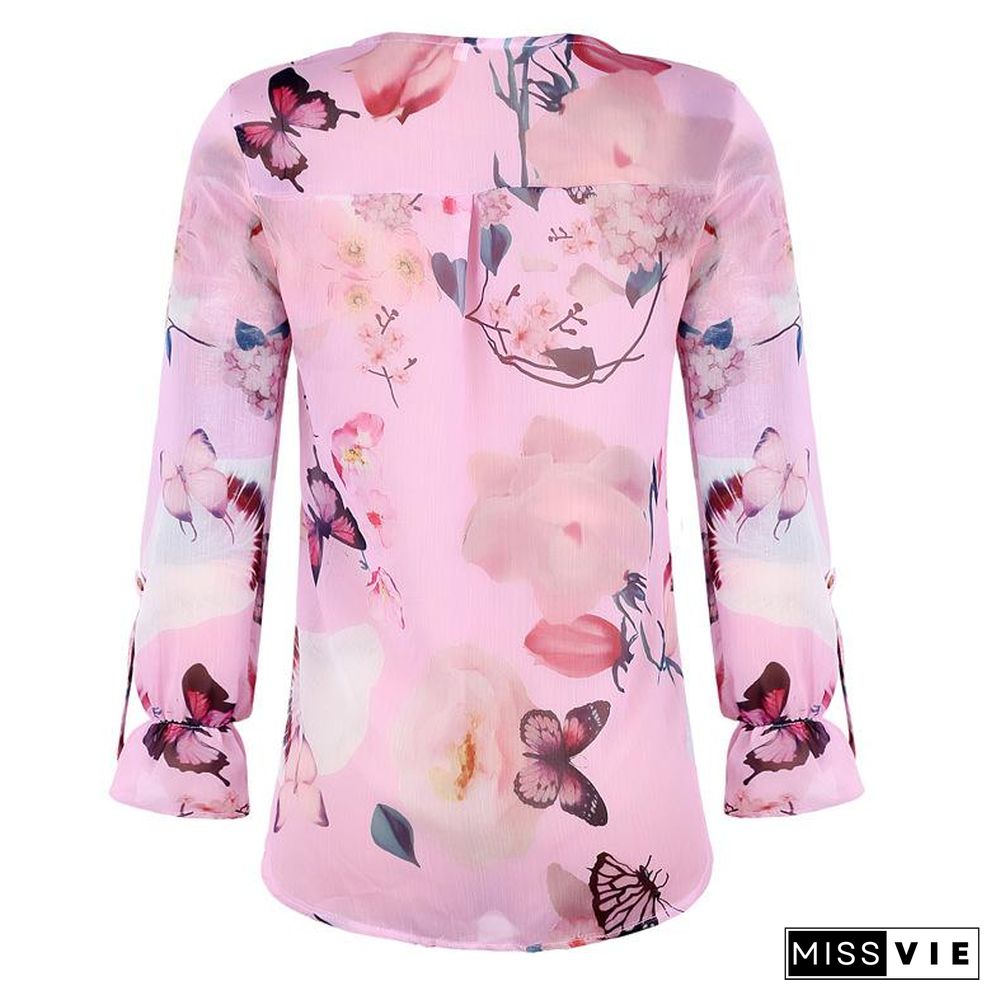 Floral Breeze V-Neck Buttons Long Sleeves Shirt Top