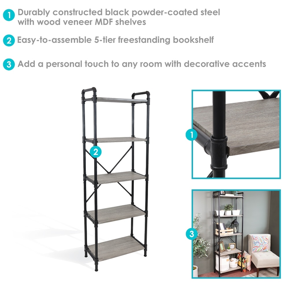 5 Tier Black Pipe Bookshelf with Wood Veneer Shelves