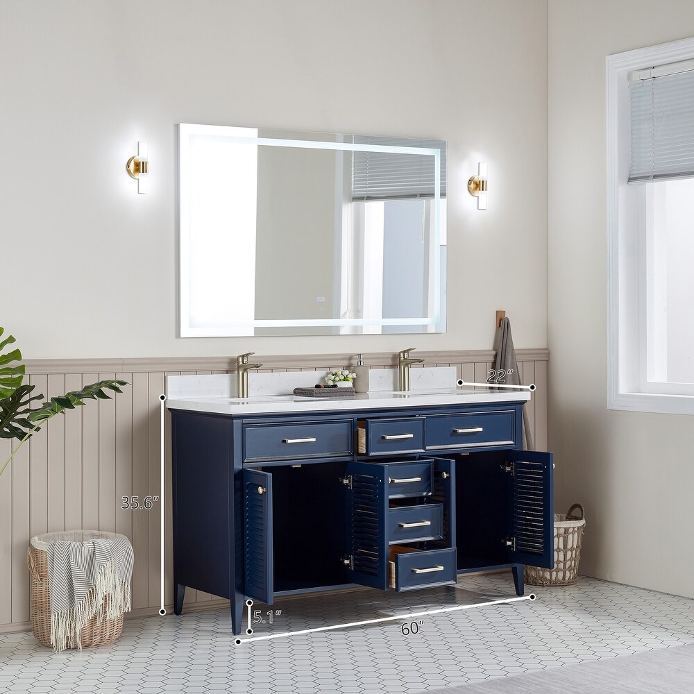 Barcelona 30 inch wood double sink vanity with marble and ceramic sink in Blue