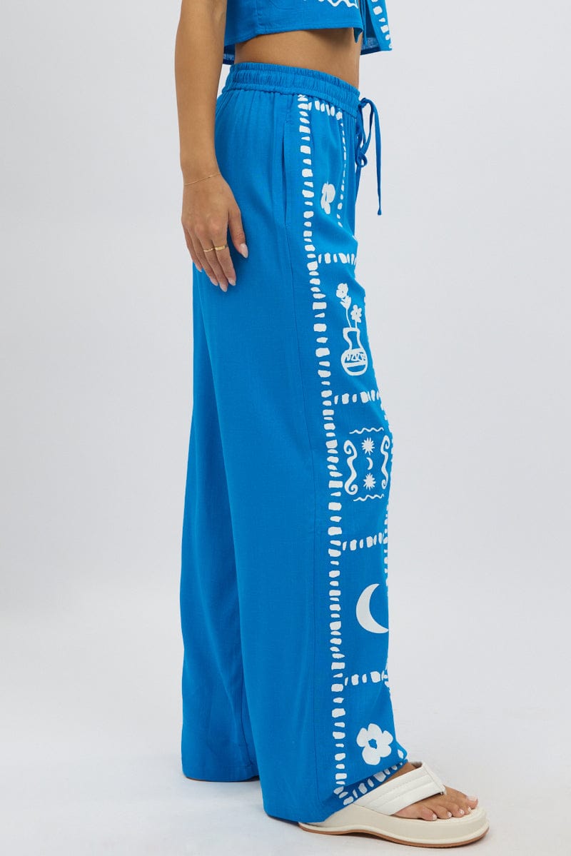 Blue Wide Leg Pants Elasticated Waist