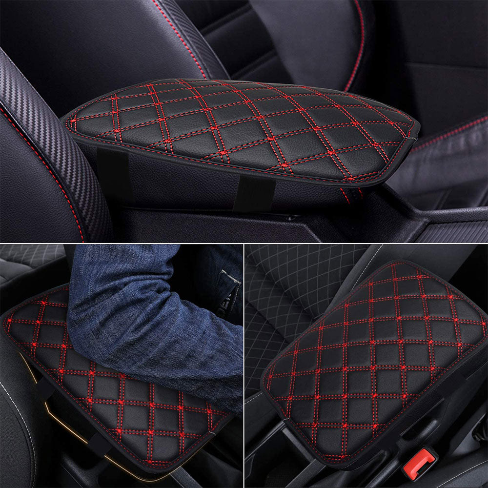 Riloer Auto Center Console Pad， PU Leather Car Center Console Box Cushion， Non Slip Soft Armrest Seat Box Cover， Waterproof Vehicle Armrest Protector， Car Accessories for SUV， Truck， Car (Black/Red)