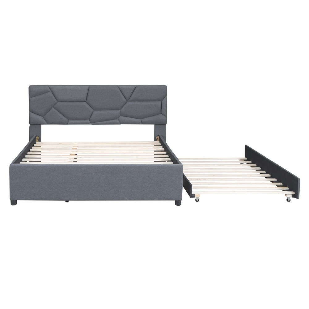 Queen Size Upholstered Platform Bed with Linen Fabric Brick Pattern Headboard and Twin XL Size Trundle Bed Frame