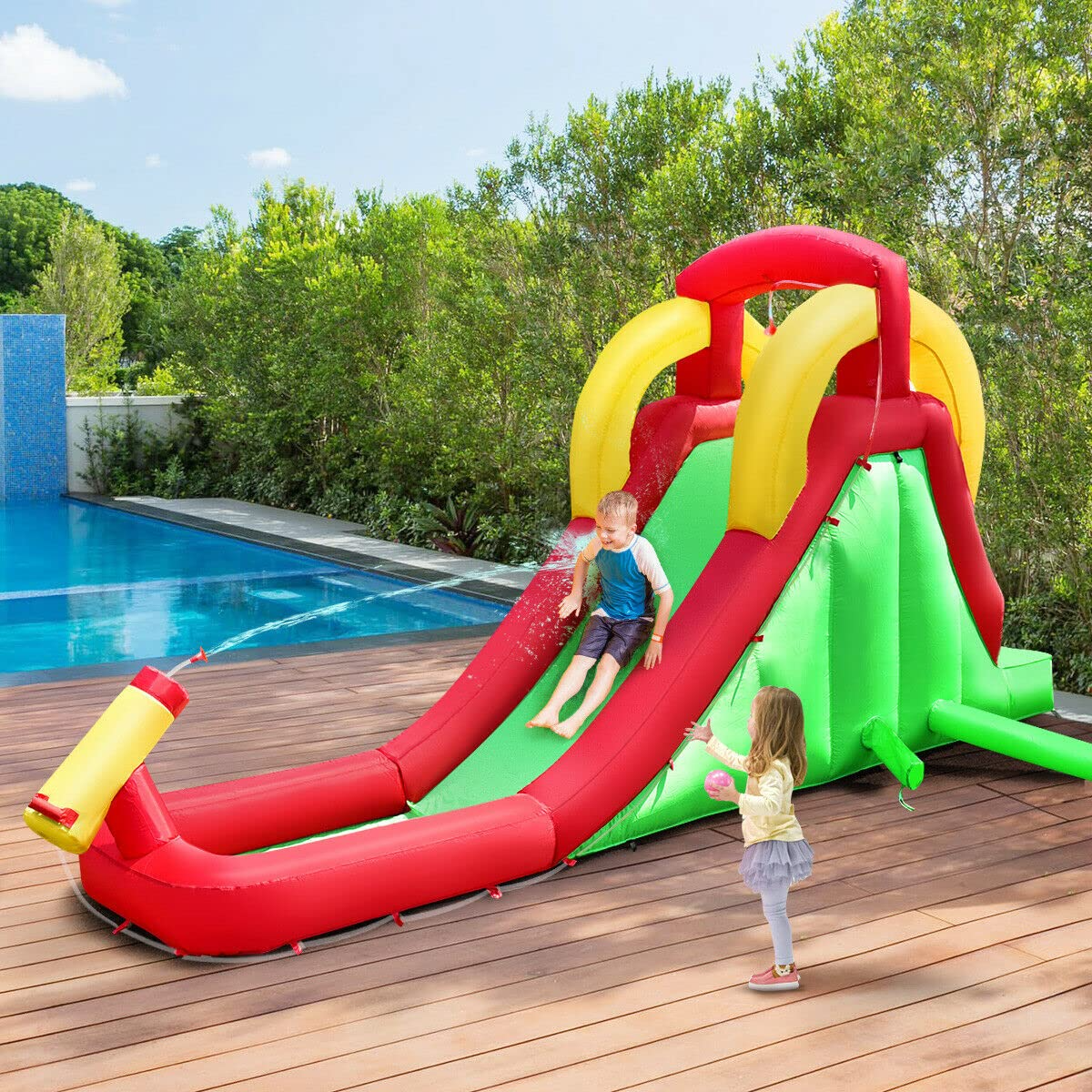 Climb and Long Slide Bouncer w/ Water Cannon for Kids